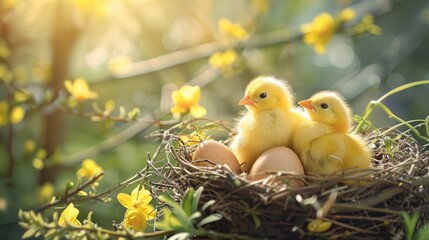 Easter themed composition featuring yellow chicks and eggs in a nest for holiday project background