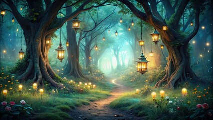 Enchanted forest with mystical creatures and glowing lanterns, fantasy, night, enchanted, forest, magical, creatures