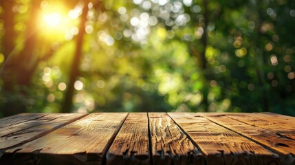 Poster - Table made of wood with a blurred Green Forest backdrop