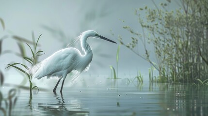 Elegant White Egret in Wild Pond