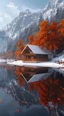 Poster - A cabin in the woods with a lake in the background