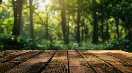 Poster - Table made of wood with a blurred Green Forest backdrop