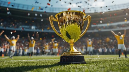 Golden Trophy Cup on Football Field with Confetti