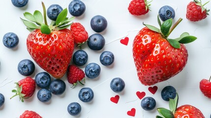 Top view of strawberries and blueberries on white background with two hearts for Valentine s day