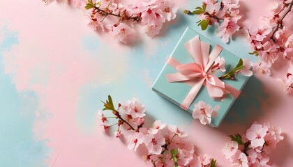 Wall Mural - Charming gift box nestled among spring cherry blossoms on soft pink background, perfect for seasonal celebrations and personalized messages.