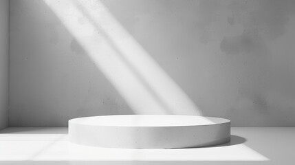 Poster - Empty white studio with podium and spotlight on minimal background Bright plaster wall and table stage backdrop