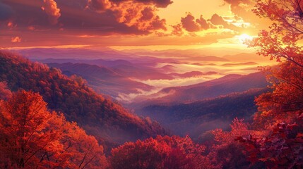 Poster - A beautiful mountain landscape with a red sunset in the background
