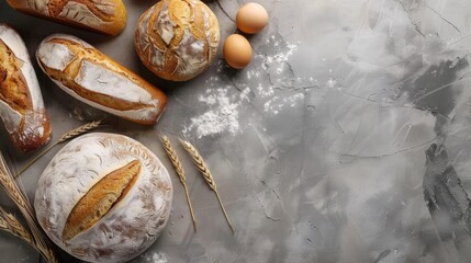 Top view of baking freshly made wheat bread on a bakery work surface