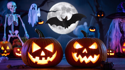 halloween pumpkin with bats and moon