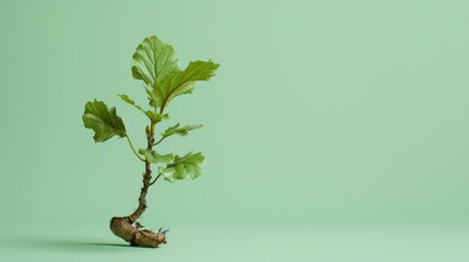 Fototapete - Image of a young oak tree seedling on a pale green backdrop