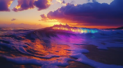 Wall Mural - A stunning view of waves reflecting a rainbow of colors at sunset