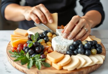 Close up of a person assembling a gourmet cheese board with vari