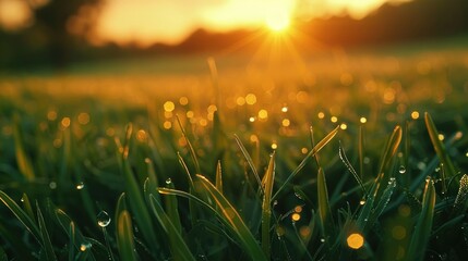 Morning dew on fresh grass at sunrise