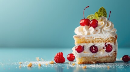 Poster - Pastry cake on blue background with room for text