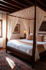 Wall Mural - A cozy bedroom featuring a four-poster bed with sheer drapes, a patterned rug, and warm lighting enhancing its inviting atmosphere.