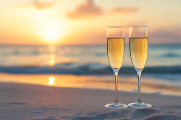 Sticker - Serene Beach Sunset Champagne Toast with Minimalist Style  