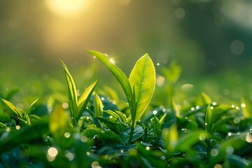 Sprouts of green tea plantation at sunrise