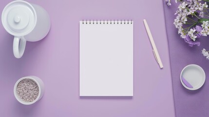 Fototapete - Notepad mockup on purple desk top view