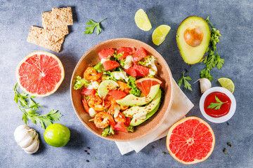 Poster - Top view of shrimp salad with grapefruit and avocado. Perfect for healthy eating, diet, and vegetarian meal concepts