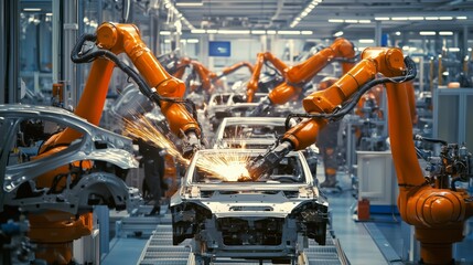 Poster - a robotic assembly line in a car factory highlights advanced machinery and human-robot synergy.