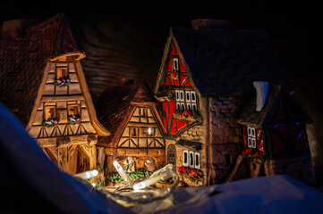 Ceramic houses for Christmas setting. Christmas time and nativity scenes. Advent