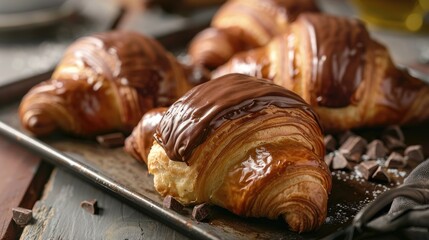 Poster - Newly Made Chocolate Croissant on Metal Tray