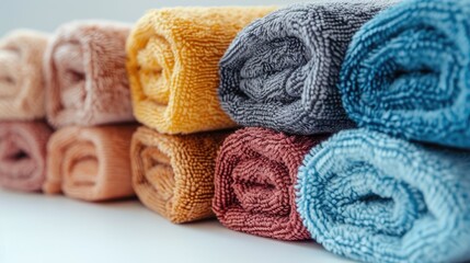 Multi toned terry cloth bath towels on a white backdrop