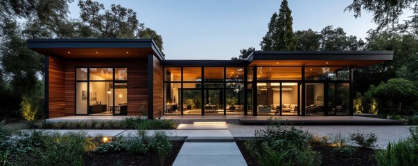 Wall Mural - A modern home featuring large glass windows, wooden accents, and surrounded by lush greenery, illuminated under evening light.