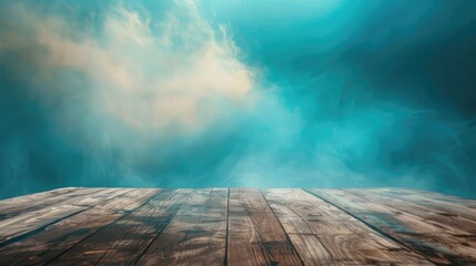 obscured picture wooden table and abstraction of azure sky in backdrop