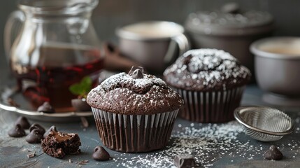 Poster - Homemade chocolate muffins and tea with a strainer