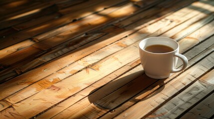 Poster - Hot beverage in white cup on old bamboo floor in morning