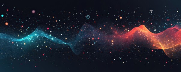 Poster - interconnected dots forming a vibrant network background with a blend of blue and orange hues, repre