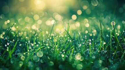 Sparkling dew on sunlit green grass