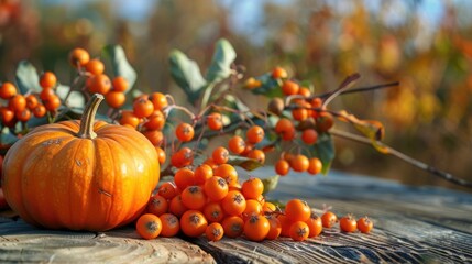 Sea buckthorn and pumpkin in the backdrop