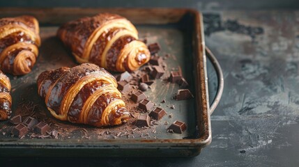 Poster - Newly Made Chocolate Croissant on Metal Tray
