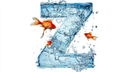 letter Z, elegantly formed from glass, encapsulates water and vibrant fish swimming freely inside, beautifully isolated against a bright white background, creating an enchanting effect.