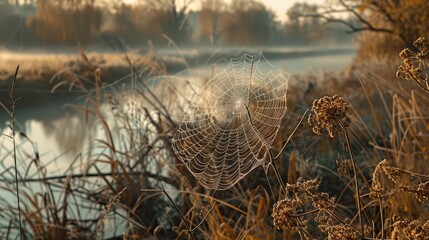 Poster - Morning riverside scene with spider web on dry plant