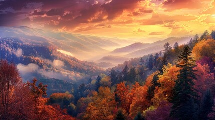 Poster - A beautiful mountain landscape with a bright orange sky