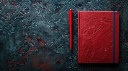 Poster - Red notebook and pen on dark backdrop