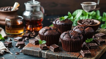 Poster - Homemade chocolate muffins and tea with a strainer