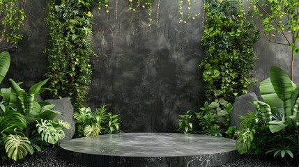 Podium backdrop with green foliage and black pebble