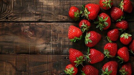 Red strawberries in wooden background rustic top view with copy space Fresh sweet berries for a healthy menu