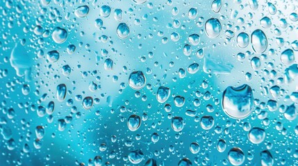 Poster - Natural water droplets on glass against blue background