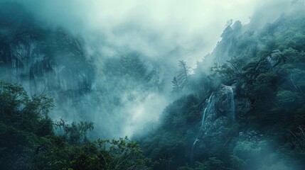 Mountain mist obscures scenery landscape