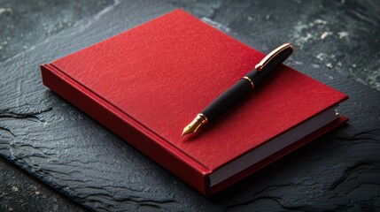 Poster - Red notebook and pen on dark backdrop