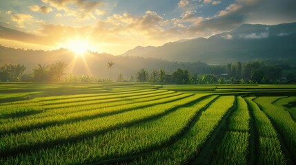 Morning view of rice plant design on paddy field