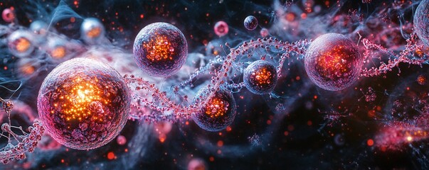 Poster - Microscopic view of oocytes, surrounded by DNA sequences, symbolizing the transmission of generational trauma through genetic memory, intricate and detailed