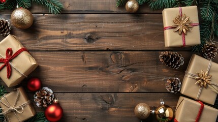 Aufkleber - Holiday decorations New year presents and ornaments on a wooden backdrop