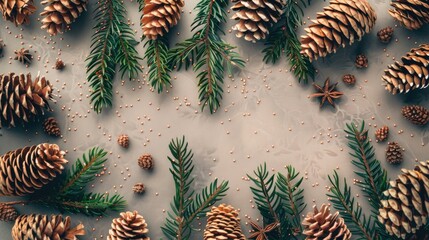 Aufkleber - Innovative design of festive tree branches and cones room for text Nature themed New Year concept Flat lay