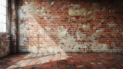 Poster - Interior with aged red brick wall and tiled flooring